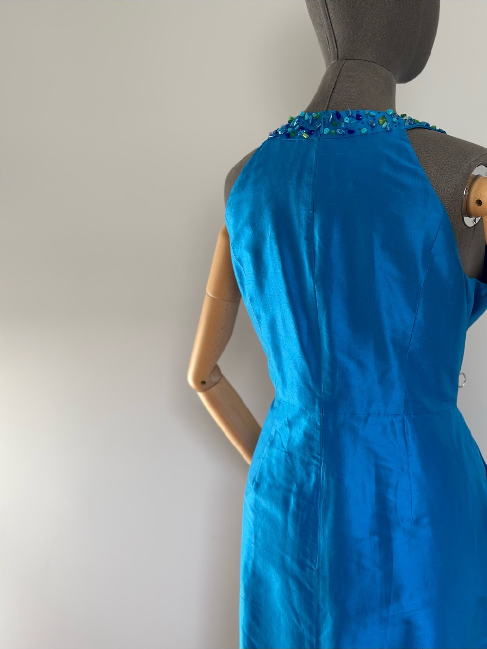Silk Turquoise Sleeveless Beaded Dress Tulip Skirt - Picture 15 of 17
